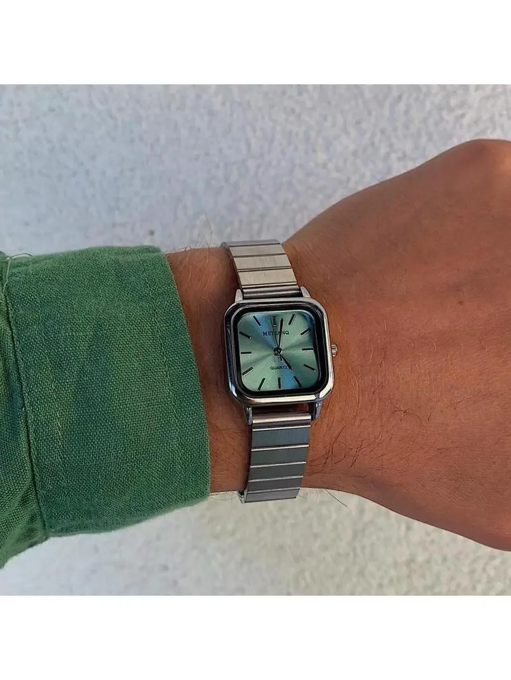 Blue face stainless silver square watch. Classy sporty style watch. Stainless